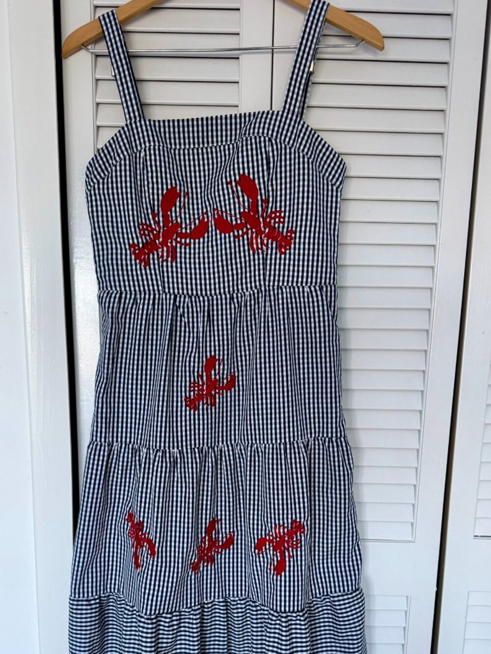 NWT Coastal Navy Gingham Lobster Embroidered Midi Sundress Smocked Back XS
